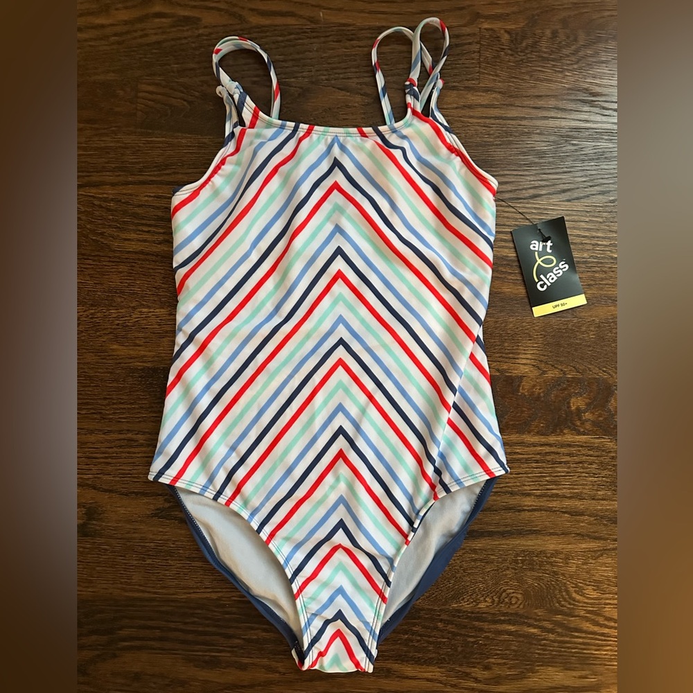 Art Class Girls Red and Blue Chevron 1-Piece Swimsuit Size XL 14/16